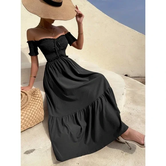 Off the Shoulder Shirred Bodice Ruffle Hem maxi Dress boho black - Picture 3 of 6